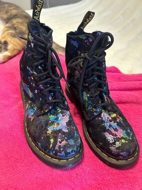 Dr. Martens Black Suede Lace-Up Boots with Multicolor Paint Splatter